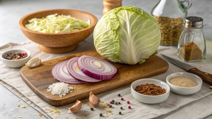 Fresh cabbage head with chopped onions and spices set on a wooden cutting board ready for a delicious meal preparation