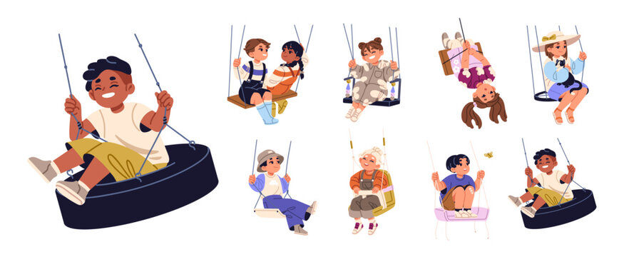 Happy kids rope swing set. Cute children sit and ride hanging planks and tires. Little boys and girls play outdoors, have fun on playground. Flat isolated vector illustrations on white background.