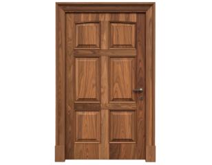 Classic wooden six-panel door with a silver knob and lock