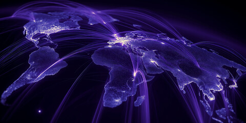 Earth map with blue and purple hues, logistics routes concept in a simple style