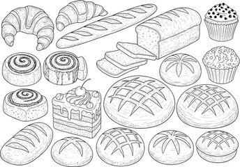 Bakery illustration, bread drawing, pastry sketch, croissant art, cupcake icon, cake slice, cinnamon roll, baked goods, food line art, dessert design
