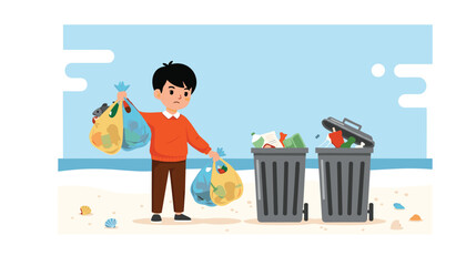 Concerned child collects litter on a beach, highlighting environmental responsibility and pollution awareness for a cleaner planet