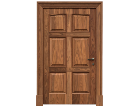 Classic wooden six-panel door with a silver knob and lock