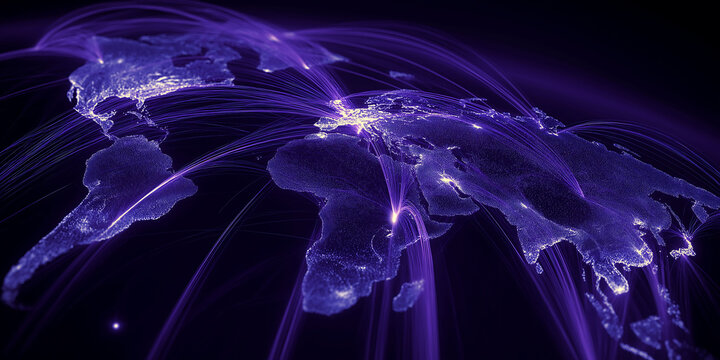 Earth map with blue and purple hues, logistics routes concept in a simple style