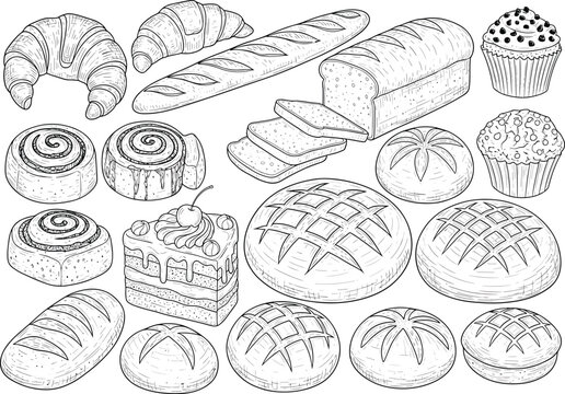 Bakery illustration, bread drawing, pastry sketch, croissant art, cupcake icon, cake slice, cinnamon roll, baked goods, food line art, dessert design