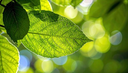 A detailed view of a green leaf, illuminated from behind by the sun, showcasing its intricate vein structure against a blurred background.