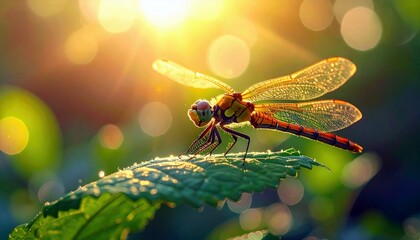 A detailed macro shot of a dragonfly resting on a leaf, with soft bokeh lights in the background.