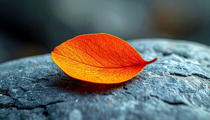 A single, brightly colored orange leaf with visible veins lies on a rough, dark gray stone surface, creating a natural contrast.