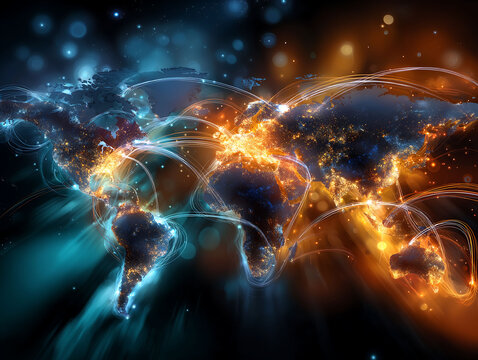 Vibrant global network collaboration on stylized world map, connected by glowing digital threads. Modern, inclusive, dynamic