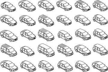 Car top view, vehicle silhouettes, black line drawing, sedan icon, SUV shape, hatchback design, auto grid, transport vector, pattern