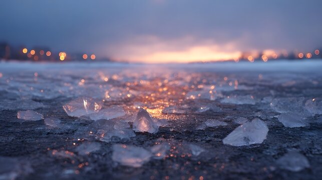 Close up of ice shards glistening on a frozen surface at twilight with distant city lights - Powered by Adobe