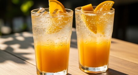 Two refreshing orange juice cocktails with ice and orange slices on a wooden table outdoors.