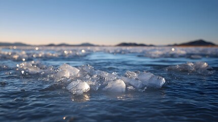 Shimmering ice shards float on dark water at dawn with distant hills under a clear blue sky