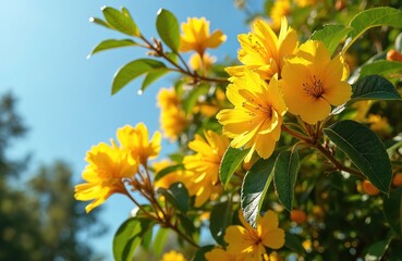 Peltophorum pterocarpum yellow flowers bloom on tree branch against blue sky. Bright blossoms with green leaves in sunlight. Floral beauty, nature background with tropical flowering plant.
