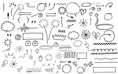 Line arrow, star, heart cute icon elements. Hand drawn sketch heart, arrow, star, flower decoration symbols. Simple sketch line style emphasis, attention, graphic elements. Vector illustration 