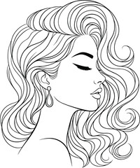 Elegant woman profile line art, wavy hair fashion sketch, beauty face vector, black and white illustration, minimalist style drawing