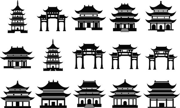 East Asian architecture, pagoda silhouette, temple icons, cultural design, traditional buildings, black vector, historic style, ceremonial gate, roof detail, heritage