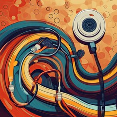 Vibrant Technology Art Spiraling Cables and Webcam for Creative Tech Projects, Digital Art Design