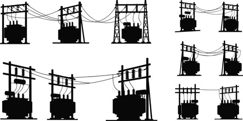 Silhouette vector illustration of electrical transformers and power distribution units—utility poles, platform-mounted systems, voltage infrastructure, energy grid layout