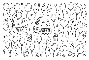 Hand-drawn doodle vector set of balloons and confetti created in a fun sketchy ink-pen style, AI, EPS, JPG, PNG, isolated on white background
