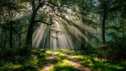 Fototapeta premium Sunbeams piercing through dense forest canopy illuminating a winding path trees sunlight