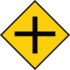 Crossroads intersection warning road sign isolated on white. Yellow diamond traffic symbol indicating a four-way junction ahead for driver safety
