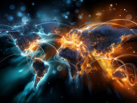 A modern global collaboration network on stylized map with glowing digital threads in deep navy, warm amber, teal, and white