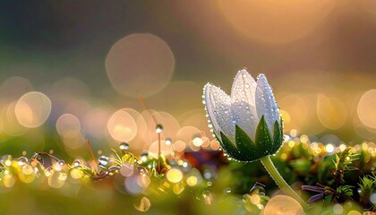 A delicate white flower bud, glistening with dew drops, sits in a field of moss and grass, illuminated by soft, out-of-focus lights.