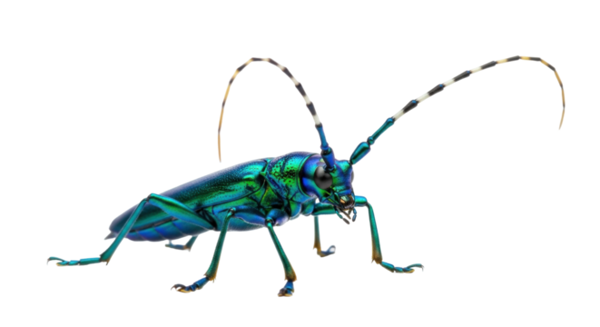 Isolated Longhorn Beetle specimen with vibrant iridescence and segmented antennae, portrait