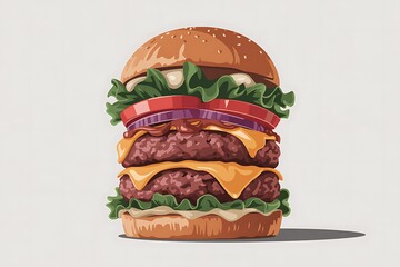 Double cheeseburger with lettuce tomato onion and sesame seed bun on a light background beef patty