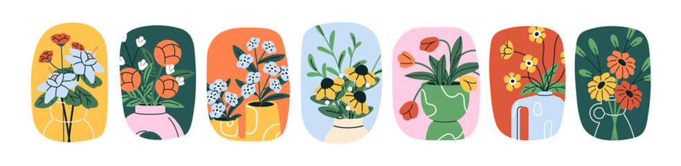 Flowers in glass vases set. Blooming bouquets of roses, tulips and peonies in ceramic pots with different shapes. Patterned jugs with wildflower posies. Flat isolated vector illustrations on white.