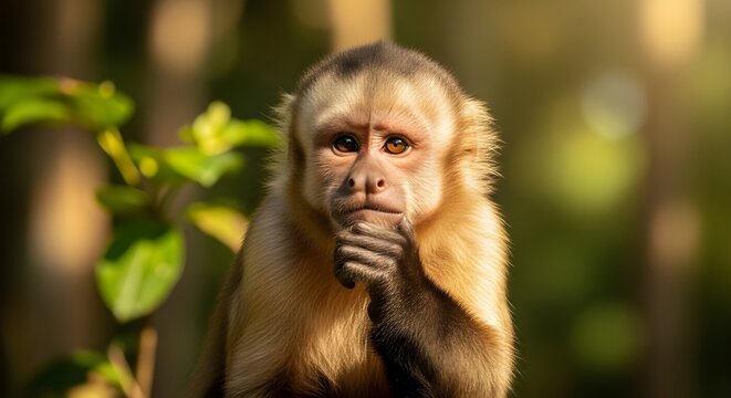 chimpanc&eacute; pensando con la mano en la barbilla, mirando pensativamente, curioso como hacer una pregunta, sentado y relajado en la naturaleza Concepto de biodiversidad y conservaci&oacute;n de la vida silvestr