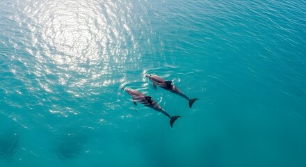 Obraz premium Un alto ángulo de visualización de dos delfines mulares, tursiops truncatus, nadando cerca de la superficie