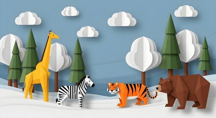 Lindo tigre de dibujos animados y jirafa con otros animales salvajes en una colorida escena de safari en la jungla