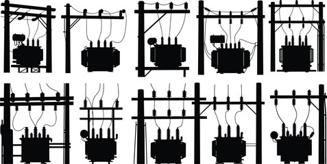 Naklejka premium Silhouette vector illustration of electrical transformers mounted on utility poles—power grid infrastructure, voltage system, energy distribution layout, industrial network design