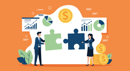 Fototapeta premium Business partners strategically connect puzzle pieces to achieve financial success amidst growth charts and coins