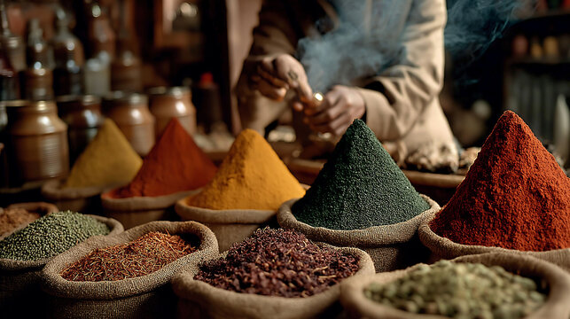 Vibrant spice stall in Marrakech souk, with turmeric, saffron, paprika, rosebuds, brass scoop, jute sacks, vendor's hand, incense smoke - Powered by Adobe