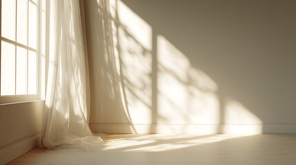 Sunlight patterns on pale wall and wooden floor with sheer curtain shadows dappled light