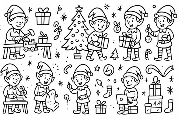 Hand-drawn doodle vector set of Christmas elf doodles created in a fun sketchy ink-pen style, AI, EPS, JPG, PNG, isolated on white background
