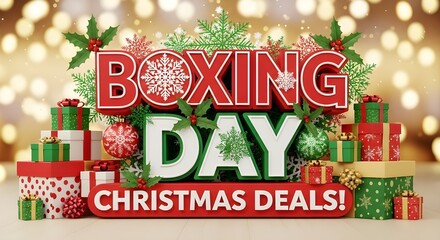 Boxing day christmas deals text with festive decorations and gift boxes, promoting holiday sales and discounts