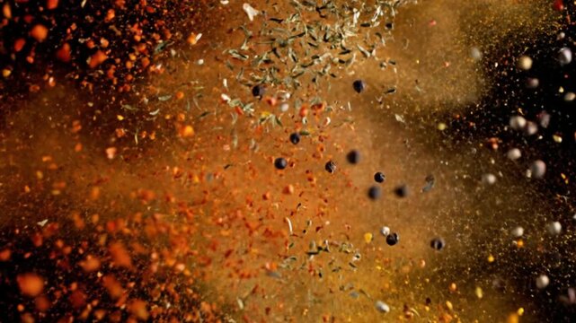 Dynamic Spice Explosion: Aromatic Blend Bursting in Air, Culinary Flavor