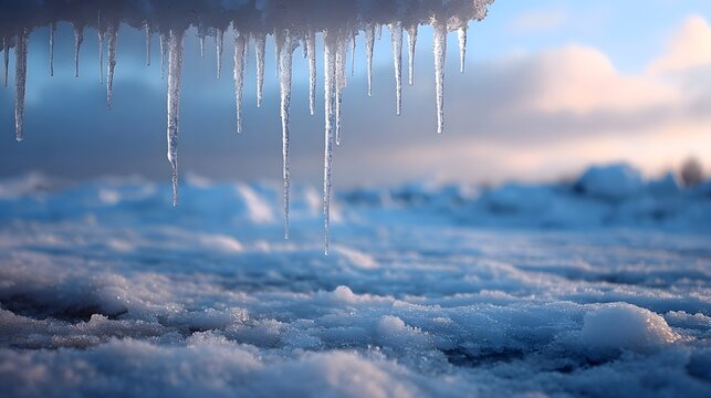 Delicate icicles hang above a textured frozen landscape bathed in soft winter light