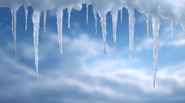 Close up of clear pointed icicles hanging against a bright blue sky with white clouds - Powered by Adobe