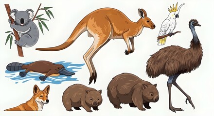 Obraz premium Ilustración de vida silvestre australiana vectorial con imagen de animales canguro koala ornitorrinco emu wombat cacatúa y dingo