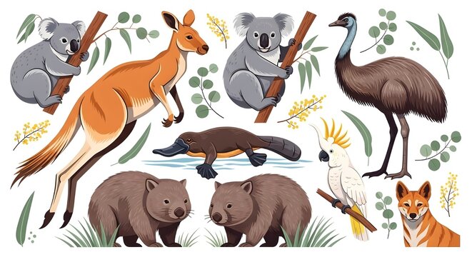 Ilustraci&oacute;n de vida silvestre australiana vectorial con imagen de animales canguro koala ornitorrinco emu wombat cacat&uacute;a y dingo