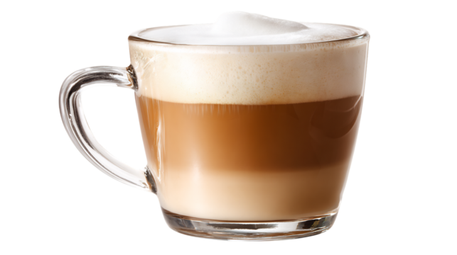 A clear glass mug filled with a layered latte, showcasing the creamy foam and rich coffee for a delightful treat