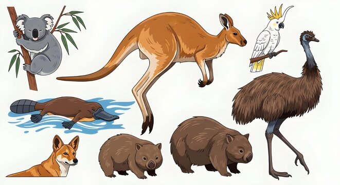Ilustraci&oacute;n de vida silvestre australiana vectorial con imagen de animales canguro koala ornitorrinco emu wombat cacat&uacute;a y dingo