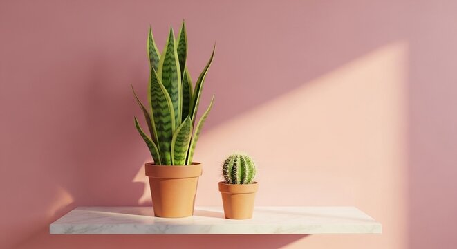 Two Potted Houseplants on a Shelf with Sunlight Shadow