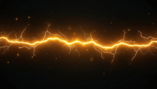Illustration shows bright yellow lightning bolt flash isolated on black. Energy strike effect for design. symbolises power in business, nature. Electrical discharge plasma with realistic glow.