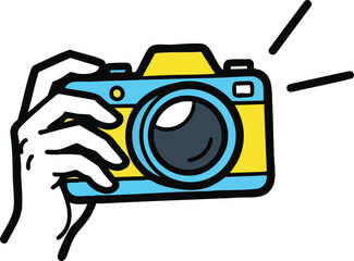 Hand Holding A Yellow And Blue Camera With Flash Active And Detailed Illustration